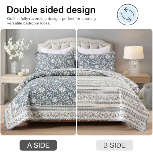 PANGUSHAN Quilt Set Queen Size - 100% Cotton Queen Comforter Set, Floral Vintage Bedspread with 2 Pillow Shams, Reversible Lightweight Bedding, Queen Bed Spread for All Season, Grayish-Blue/White - Image 5