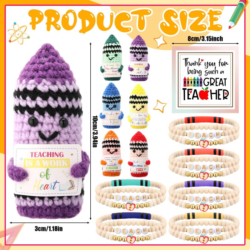 Juinte 6 Set Teacher Appreciation Gifts Crayon Crochet Dolls with Thank You Teacher Bracelet Presents for Graduation End of Year from Students - Image 3