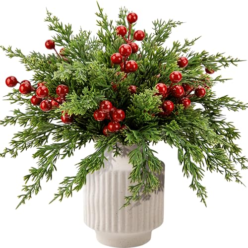 Watayo 60 Pcs Christmas Artificial Pine Branches with Red Berry Stems 105 Faux Evergreen Norfolk Pine Cypress Leaves Stems Fake Foliage Pine Needles Picks for DIY Craft Garland Home Decor