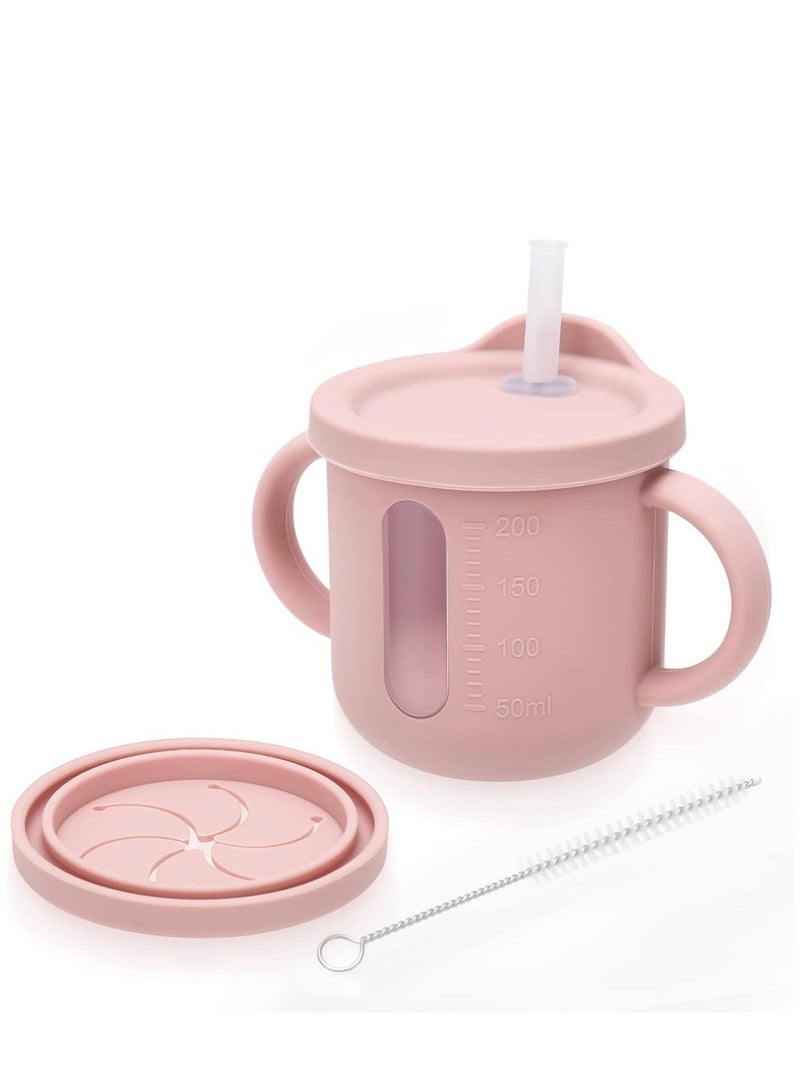 XiuWoo Silicone Sippy Cup Snack Pot for Baby with Straw and Cleaning Brush Infant Spill Proof Toddler Drinking Training Two Hands Easy to Clean - Image 1