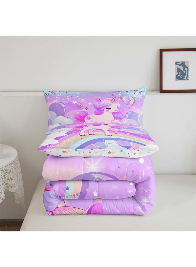 Feelyou Unicorn Girls Bedding Set Twin Kawaii Cute Rainbow Unicorn Comforter Set Reversible Cartoon Stars Comforter Kids Children Purple Unicorn Animal Room Decor 1 Pillowcase - Image 3