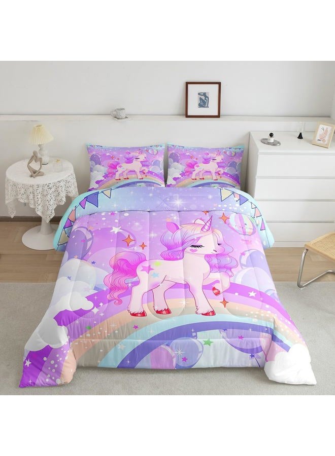 Feelyou Unicorn Girls Bedding Set Twin Kawaii Cute Rainbow Unicorn Comforter Set Reversible Cartoon Stars Comforter Kids Children Purple Unicorn Animal Room Decor 1 Pillowcase - Image 1