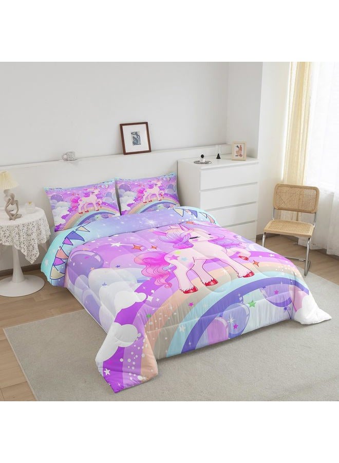 Feelyou Unicorn Girls Bedding Set Twin Kawaii Cute Rainbow Unicorn Comforter Set Reversible Cartoon Stars Comforter Kids Children Purple Unicorn Animal Room Decor 1 Pillowcase - Image 4