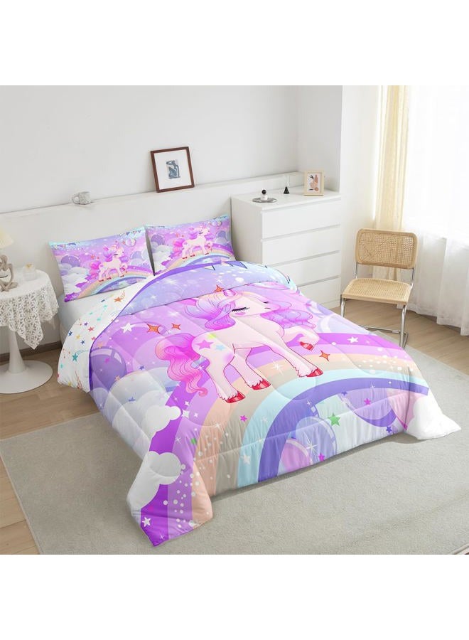 Feelyou Unicorn Girls Bedding Set Twin Kawaii Cute Rainbow Unicorn Comforter Set Reversible Cartoon Stars Comforter Kids Children Purple Unicorn Animal Room Decor 1 Pillowcase - Image 2