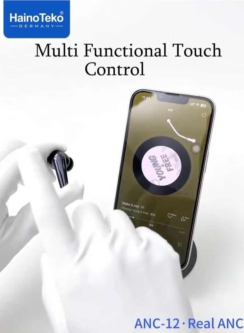 Haino Teko ANC-12 Real ANC Bluetooth Earphones with Active Noise Cancellation. High Bass Sound Quality, Super Clear Microphone, Easy Touch Controls – Compatible with iPhones and iPads – Black - Image 2