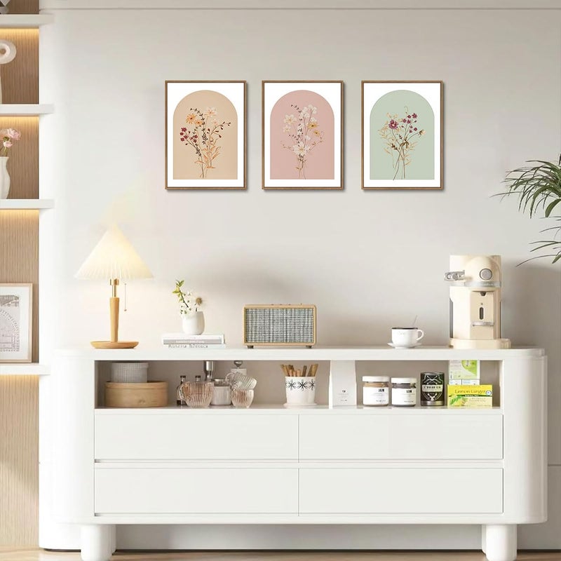 KISSFOX 3 Piece Framed Wall Art Wildflower Wall Decor Floral Pictures Botanical Canvas Art Pink Green Yellow Paintings Minimalist Boho Artwork For Girly Room Bedroom Living Room - Image 4