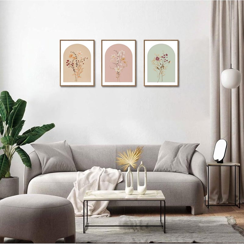 KISSFOX 3 Piece Framed Wall Art Wildflower Wall Decor Floral Pictures Botanical Canvas Art Pink Green Yellow Paintings Minimalist Boho Artwork For Girly Room Bedroom Living Room - Image 2