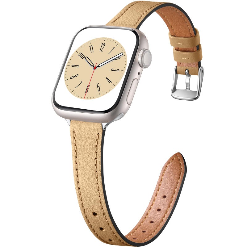 Charlam Compatible with Apple Watch Bands for Women 41mm 40mm 38mm 42mm 44mm 45mm 46mm,Top Grain Soft Leather Bands Slim Wristband for iWatch SE, iWatch Series 11 10 9 8 7 6 5 4 3 2 1,Limestone Brwon - Image 1