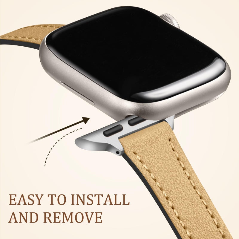 Charlam Compatible with Apple Watch Bands for Women 41mm 40mm 38mm 42mm 44mm 45mm 46mm,Top Grain Soft Leather Bands Slim Wristband for iWatch SE, iWatch Series 11 10 9 8 7 6 5 4 3 2 1,Limestone Brwon - Image 4