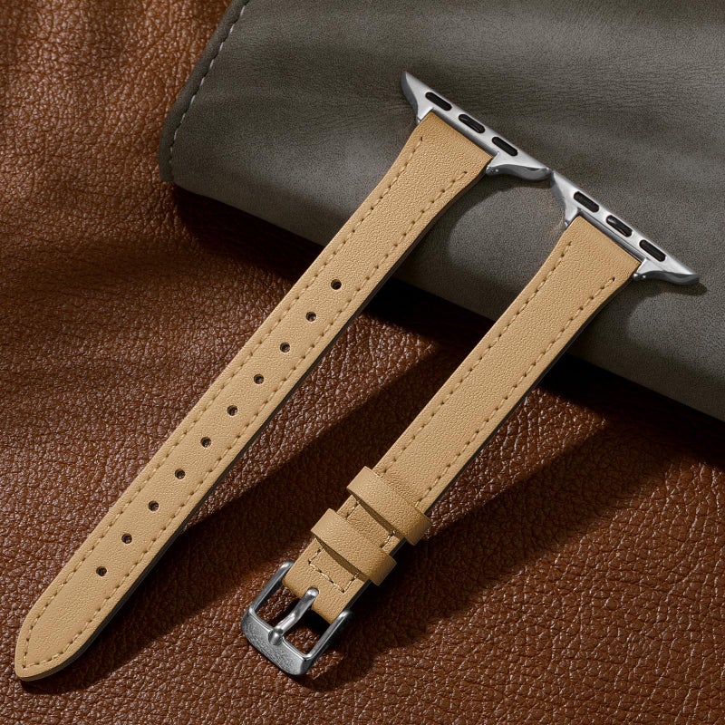 Charlam Compatible with Apple Watch Bands for Women 41mm 40mm 38mm 42mm 44mm 45mm 46mm,Top Grain Soft Leather Bands Slim Wristband for iWatch SE, iWatch Series 11 10 9 8 7 6 5 4 3 2 1,Limestone Brwon - Image 5