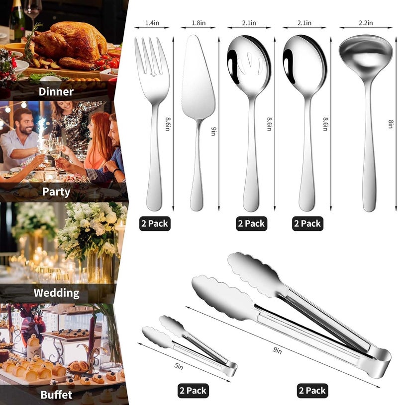 Gisly 12-Piece Serving Set - Large Spoons, Forks, Tongs, Ladle, Cake Server & Appetizer Tongs for Buffet Catering, Dishwasher Safe - Image 2