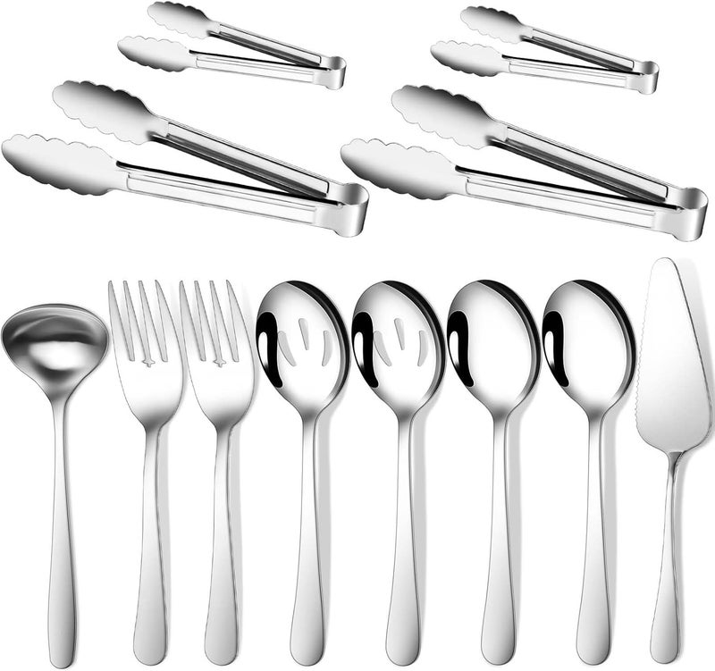 Gisly 12-Piece Serving Set - Large Spoons, Forks, Tongs, Ladle, Cake Server & Appetizer Tongs for Buffet Catering, Dishwasher Safe - Image 1