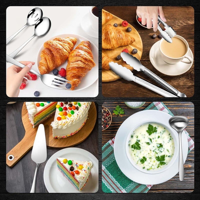 Gisly 12-Piece Serving Set - Large Spoons, Forks, Tongs, Ladle, Cake Server & Appetizer Tongs for Buffet Catering, Dishwasher Safe - Image 4