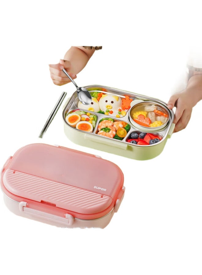 Supor 316L Stainless Steel Lunch Box, 5-Compartment Meal Tray With Soup Bowl, Large Capacity 1.5L, For Students And Office Workers, Smoky Willow Green - Image 1