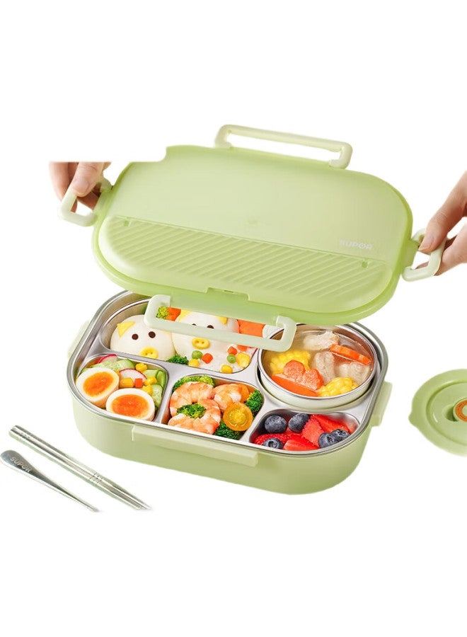 Supor 316L Stainless Steel Lunch Box, 5-Compartment Meal Tray With Soup Bowl, Large Capacity 1.5L, For Students And Office Workers, Smoky Willow Green - Image 2