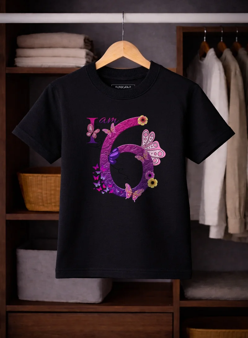 Funkaar Funkaar Birthday Girl, 6th Year Butterfly Birthday Graphic Print T-Shirt