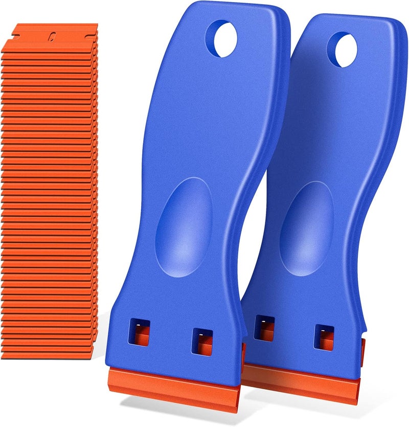 DEKEones Plastic Razor Blade Scraper, 2 Pack Razor Scraper with 120 Pcs Razor Blades for Removing Glue, Sticker, Decals, Tint from Car Window and Glass(Blue) - Image 1