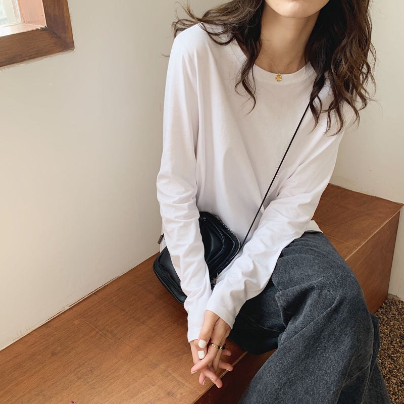 2025 White T-Shirt Long-Sleeved Female Student K-Style Loose Round Neck Versatile Pure Color Spring & Fall Bottoming Shirt Ins - Image 2