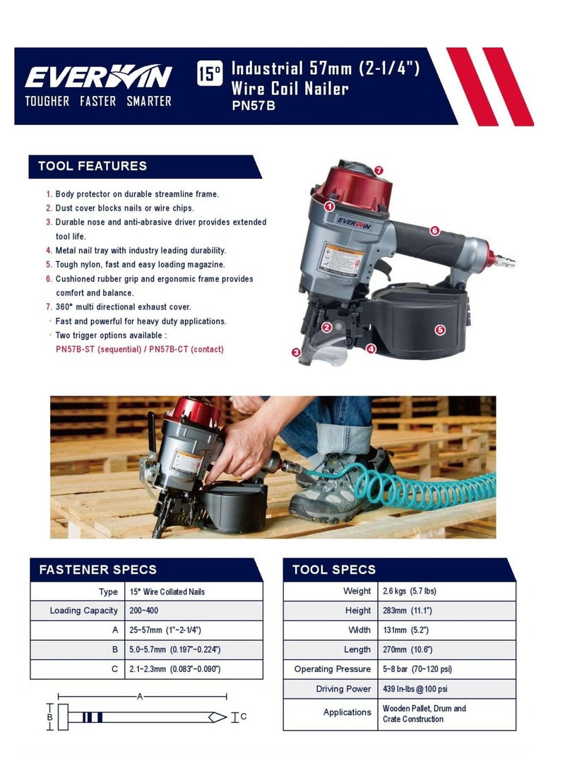 Everwin Pneumatic Coil Nailer 57mm - PN57B - Image 4