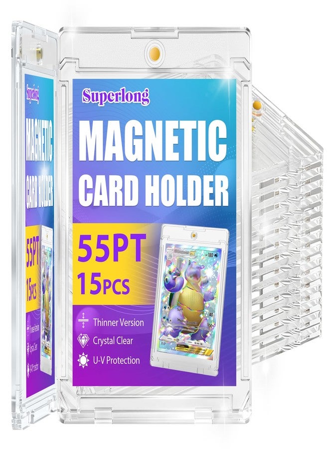 Superlong 55PT Magnetic Card Holder, 15 Pcs Upgraded One Touch Card Holders with U-V Protection, Hard Plastic Display Case with 2 Magnets Fit for Sport Game Trading Baseball Football Collect Storage - Image 1