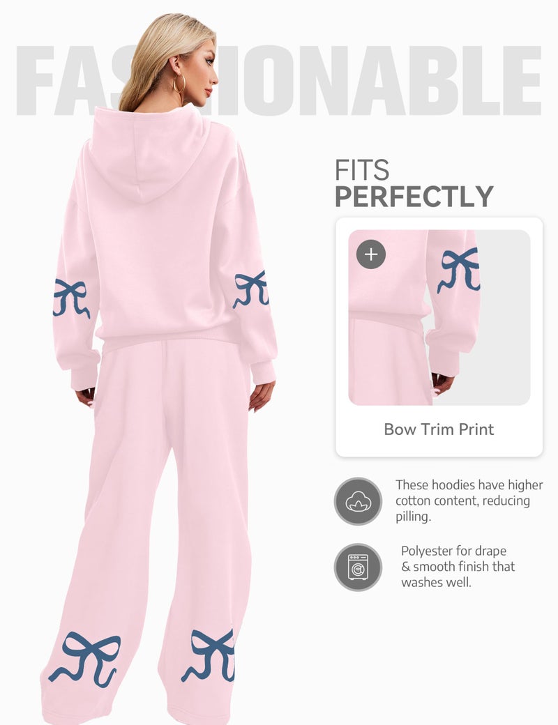 Livtany Women's 2 Piece Outfits Bow Trim Print Hoodie Sweatsuit Sets Oversized Sweatshirt Wide Leg Sweatpants With Pockets - Image 4