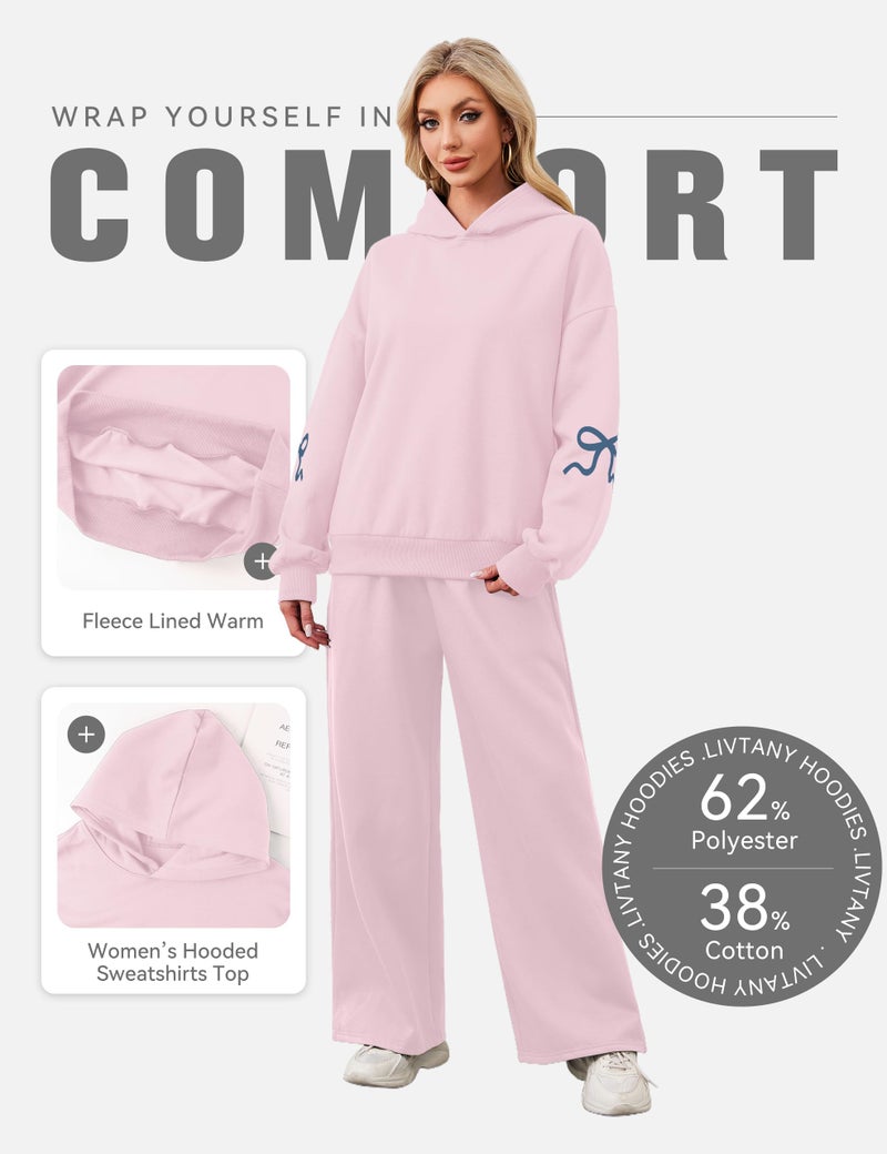 Livtany Women's 2 Piece Outfits Bow Trim Print Hoodie Sweatsuit Sets Oversized Sweatshirt Wide Leg Sweatpants With Pockets - Image 5