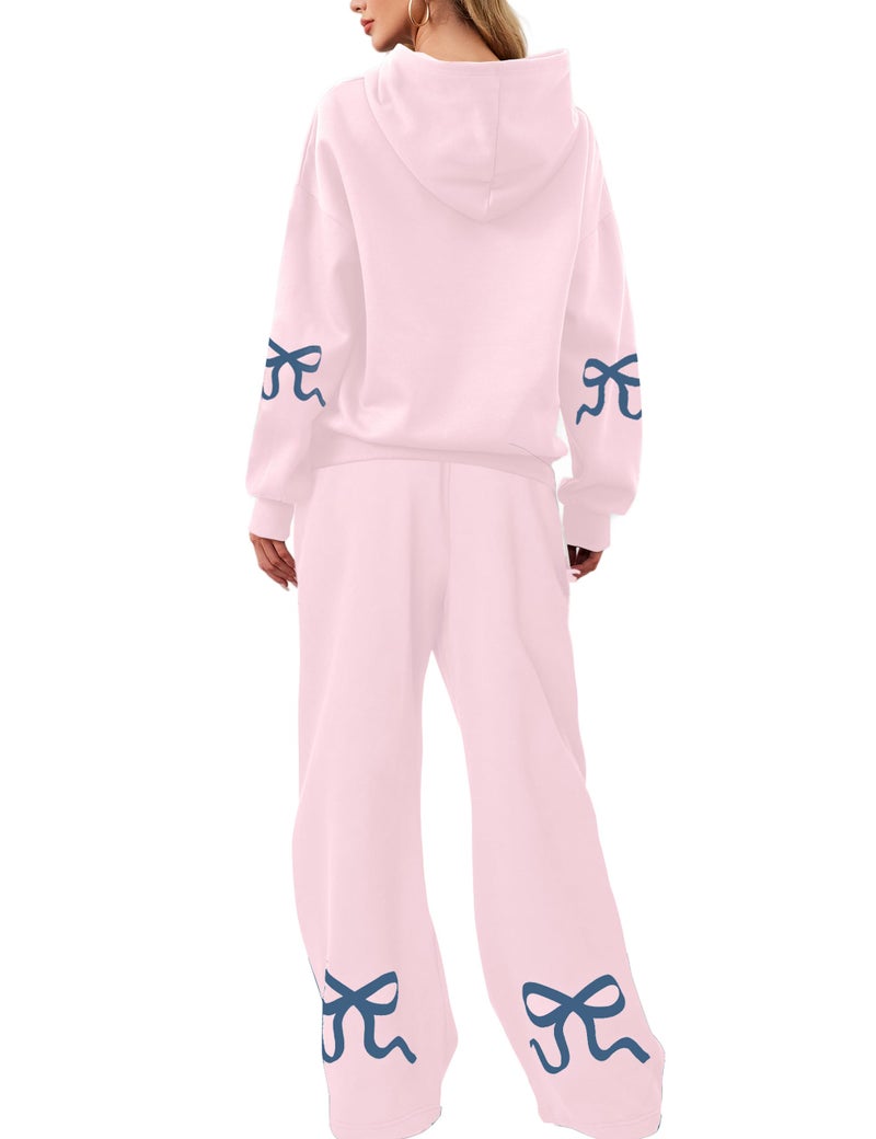 Livtany Women's 2 Piece Outfits Bow Trim Print Hoodie Sweatsuit Sets Oversized Sweatshirt Wide Leg Sweatpants With Pockets - Image 1