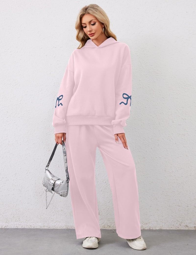 Livtany Women's 2 Piece Outfits Bow Trim Print Hoodie Sweatsuit Sets Oversized Sweatshirt Wide Leg Sweatpants With Pockets - Image 2