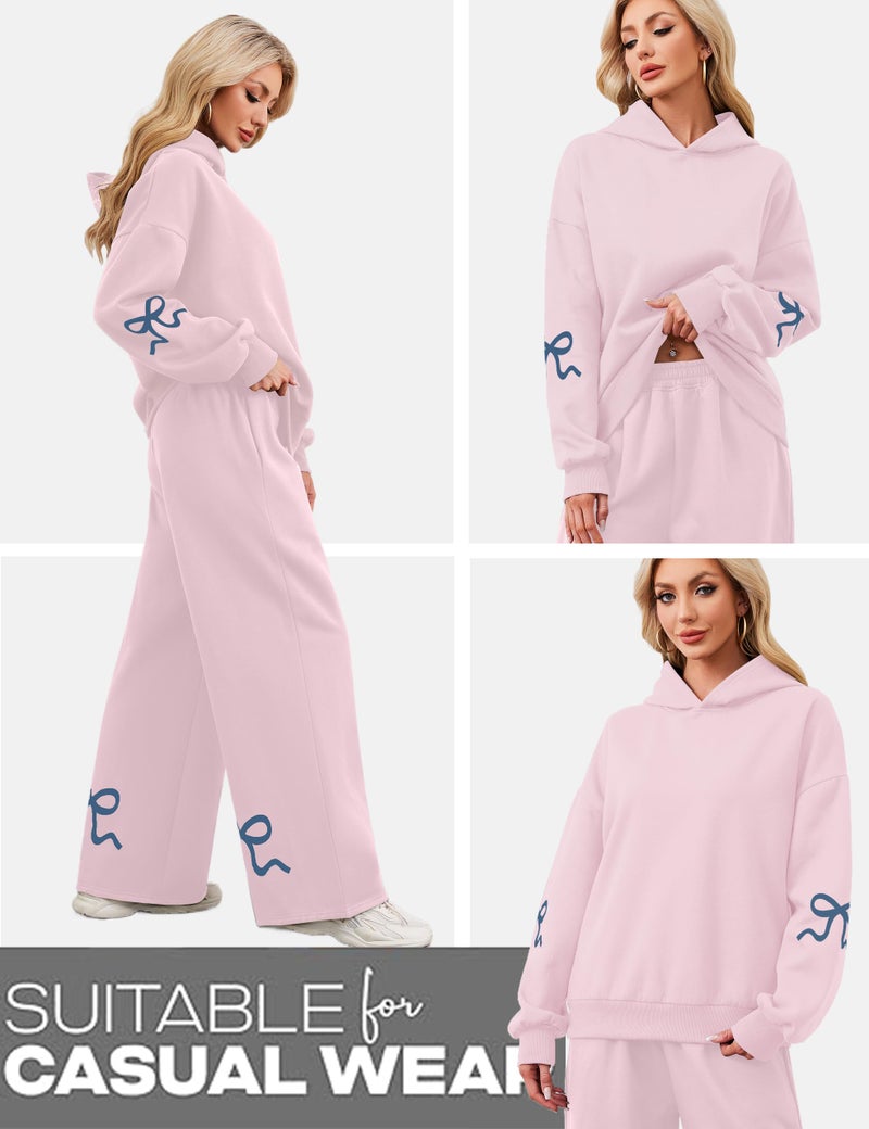 Livtany Women's 2 Piece Outfits Bow Trim Print Hoodie Sweatsuit Sets Oversized Sweatshirt Wide Leg Sweatpants With Pockets - Image 3