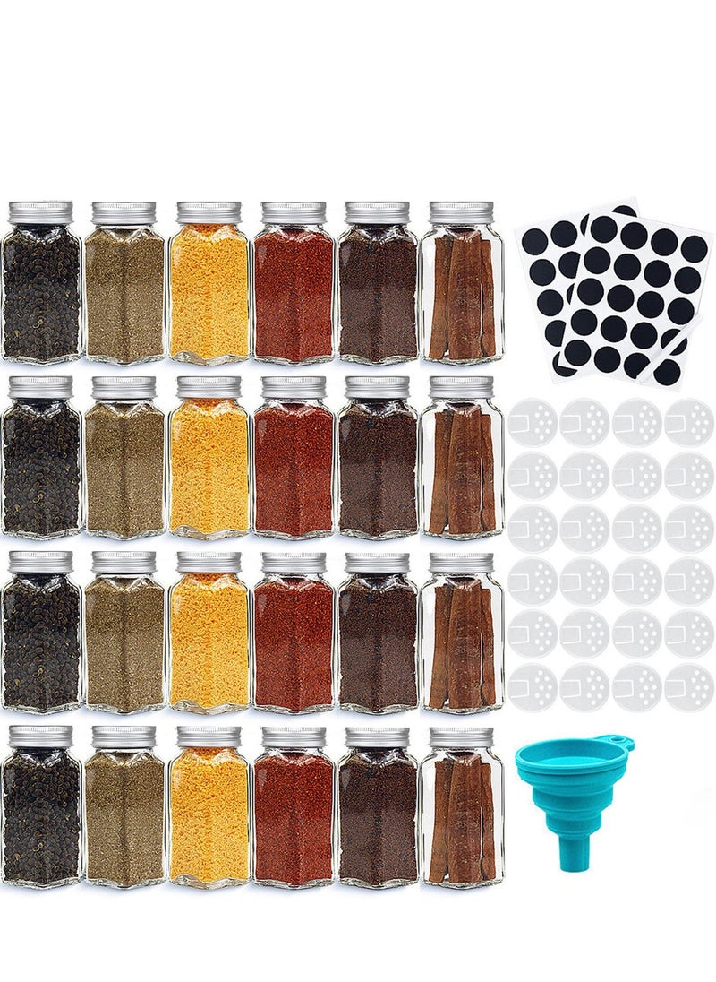 XiuWoo - 24-Piece Glass Spice Jars with 40 Labels Stickers 120ml Empty Square Spice Containers,24 Shaker Lids and Airtight Metal Caps, Paint Pen, Silicone Collapsible Funnel - Image 1