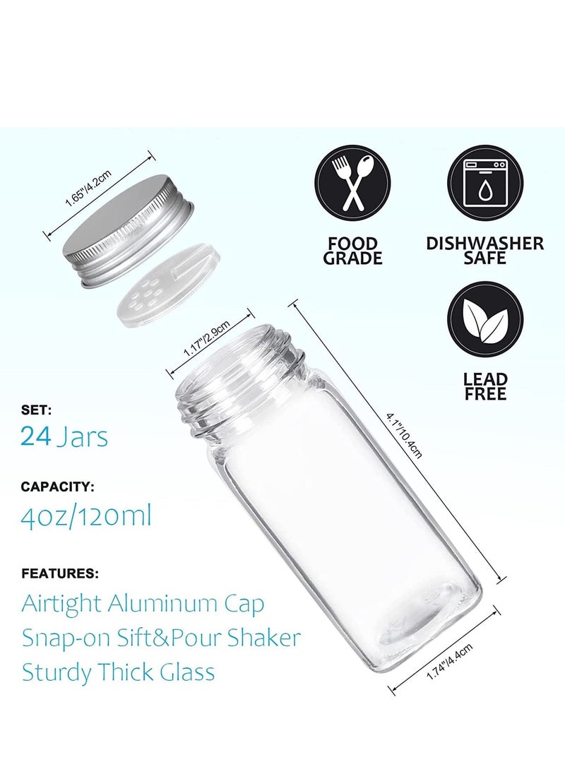 XiuWoo - 24-Piece Glass Spice Jars with 40 Labels Stickers 120ml Empty Square Spice Containers,24 Shaker Lids and Airtight Metal Caps, Paint Pen, Silicone Collapsible Funnel - Image 1