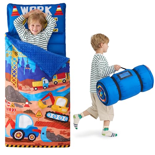 JOIEDOMI Toddler Sleeping Bag for Kids 55x30 Nap Mat with Removable Pillow and Minky Blanket for Toddler Ages 37 Roll Up Kids Sleeping Bag for Boys Girls Kindergarten Daycare Sleepover Vehicle - Image 1