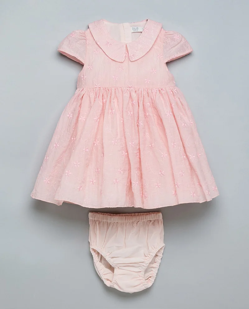 أر أند بي Embroidered Fit & Flare Dress with Collared Neck and Short Sleeves