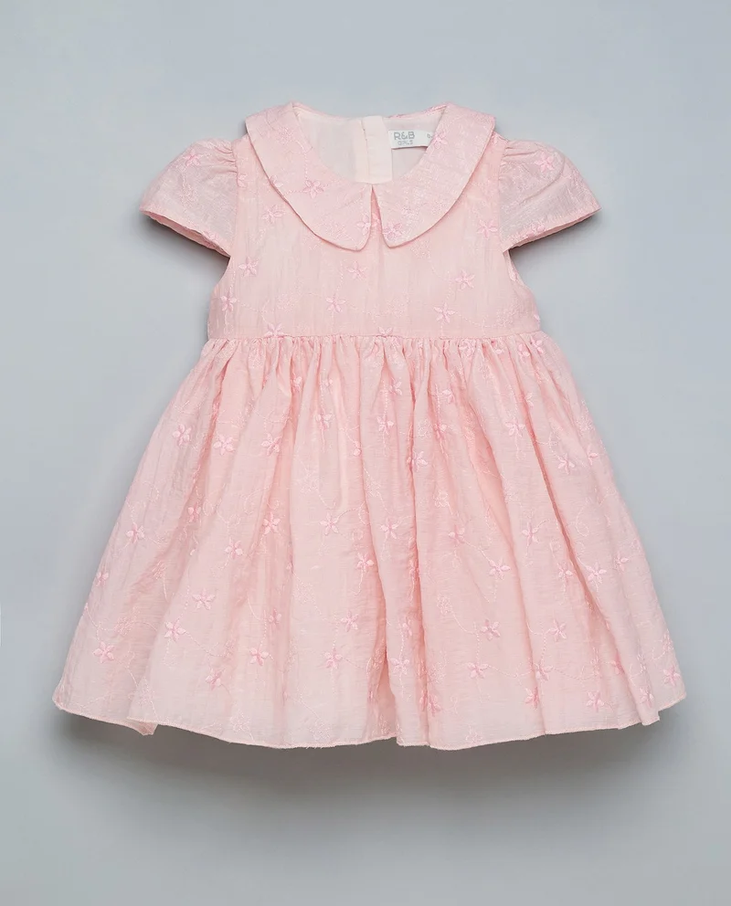 أر أند بي Embroidered Fit & Flare Dress with Collared Neck and Short Sleeves