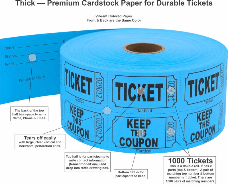 Tacticai 1000 Tacticai Raffle Tickets, Blue (8 Color Selection), Double Roll, Ticket for Events, Entry, Class Reward, Fundraiser & Prizes - Image 2