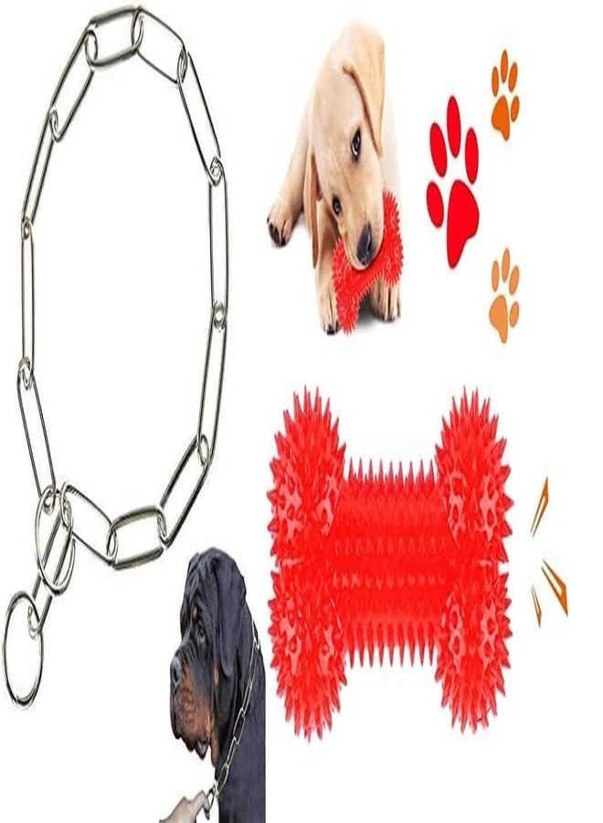 Penta Paws GSD Choke Chain Dog Collars Fur Saver Training Long Link Chrome Plated Choker and Rubber TPR Bouncy Balls, Squeaky Bone Shape Dog and Teeth Cleaning Toy (Multicolor)