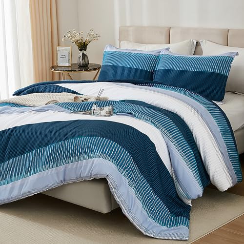 Litanika Litanika Navy Blue Comforter King Size Set 3 Pieces Bedding Set Blue White Colorblock Stripe 104x90In Comforter  2 Pillowcases 