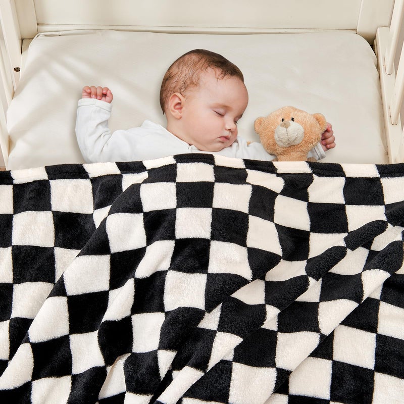 Yurhap Checkered Baby Blanket Fleece Baby Blankets for Boys Girls, Ultra Soft Cozy Fluffy Infant Toddler Newborn Receiving Blankets for Crib Stroller, 30''x40'', Black - Image 3