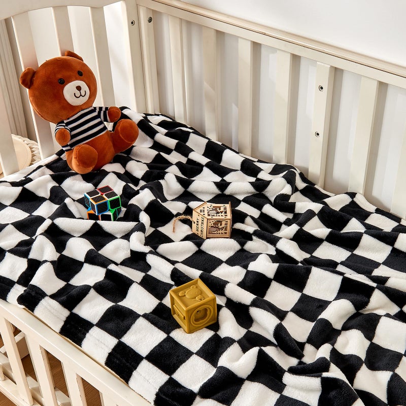 Yurhap Checkered Baby Blanket Fleece Baby Blankets for Boys Girls, Ultra Soft Cozy Fluffy Infant Toddler Newborn Receiving Blankets for Crib Stroller, 30''x40'', Black - Image 2