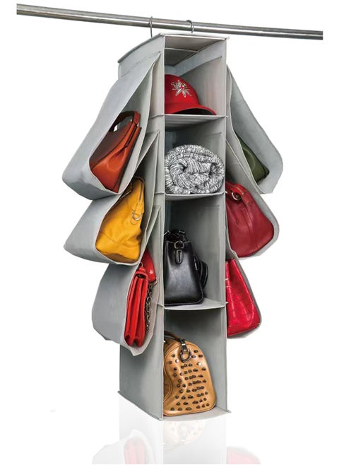 10 Grid Hanging Purse Handbag Storage Organizer Homewares Nonwoven, Shelf for Wardrobe, Household Storage Dust Bag, Space Saving, Hanging Shelves for Closet Light Grey