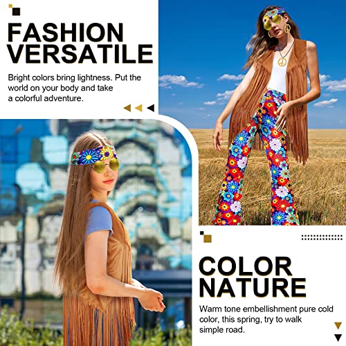 Haull 7 Pcs 60s 70s Disco Hippie Outfits for Women Halloween Costume Set Boho Flared Pants Fringe Vest Peace Sign(Stylish,Large) - Image 4