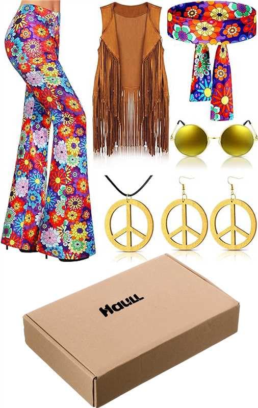 Haull 7 Pcs 60s 70s Disco Hippie Outfits for Women Halloween Costume Set Boho Flared Pants Fringe Vest Peace Sign(Stylish,Large) - Image 2