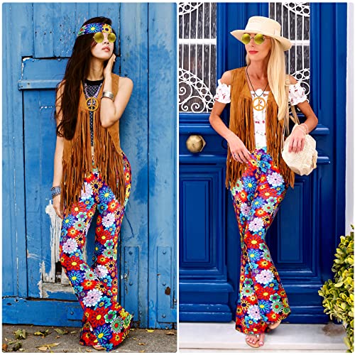Haull 7 Pcs 60s 70s Disco Hippie Outfits for Women Halloween Costume Set Boho Flared Pants Fringe Vest Peace Sign(Stylish,Large) - Image 3