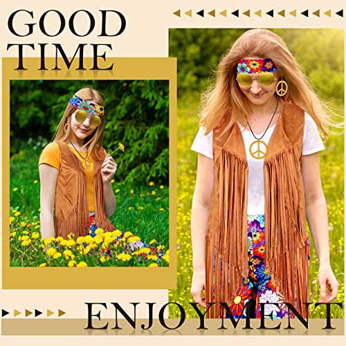 Haull 7 Pcs 60s 70s Disco Hippie Outfits for Women Halloween Costume Set Boho Flared Pants Fringe Vest Peace Sign(Stylish,Large) - Image 5