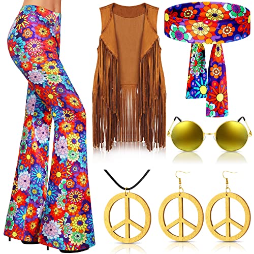 Haull 7 Pcs 60s 70s Disco Hippie Outfits for Women Halloween Costume Set Boho Flared Pants Fringe Vest Peace Sign(Stylish,Large) - Image 1