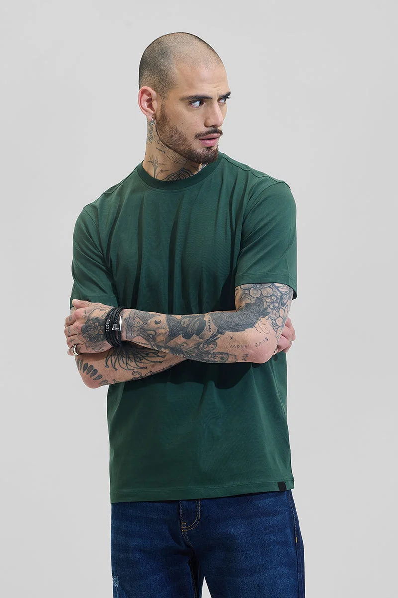 سنيتش Dark Green Solid Half Sleeve Slim Fit Casual T-Shirt