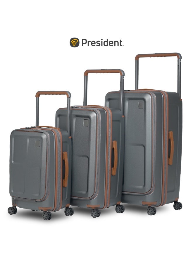 President حقائب سفر بمقبض عريض | طراز صندوق | سعة كبيرة عصرية مع منفذ USB، مادة PC، عجلات دوارة هادئة 360°، حقيبة صلبة بحجم 20-25-29 بوصة للسفر / رمادي داكن - Image 1