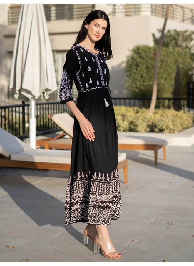 sanskrutihomes Sanskrutihomes Floral Print 3/4 Sleeves A-Line Midi Dress with Embroidery