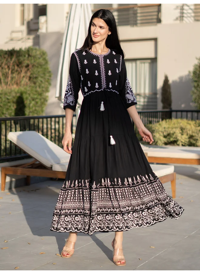 sanskrutihomes Sanskrutihomes Floral Print 3/4 Sleeves A-Line Midi Dress with Embroidery