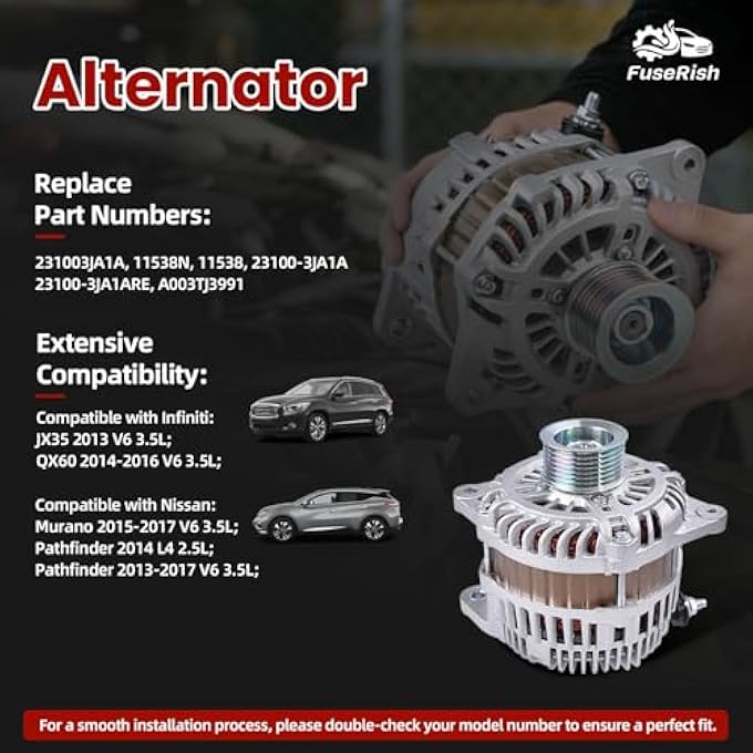 FuseRish 23100-3JA1A Alternator 150A 12V Compatible with Nissan Murano 2015-2017, Pathfinder 2013-2017, for Infiniti QX60 2014-2016, JX35 2013, 2.5L 3.5L 7-Groove Pulley Replace A003TJ3991, 11538N - Image 2